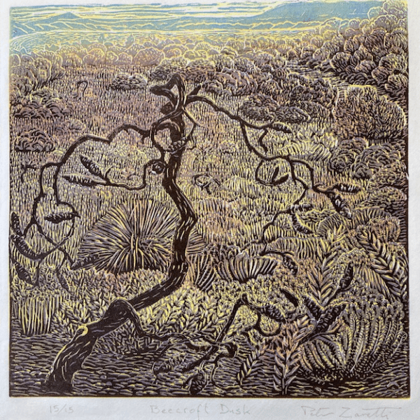 Three state reduction linocut – Beecroft&nbsp;Dusk